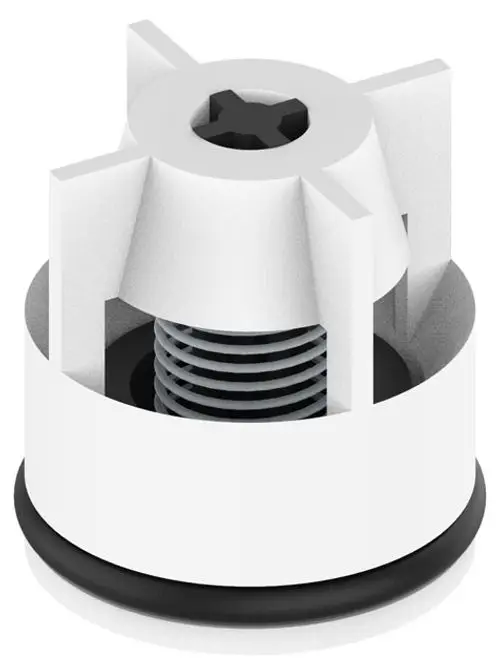 Weißer Rückflussverhinderer von Keuco mit einem zylindrischen Körper, einem inneren Gewinde und einer Gummidichtung am Boden, geeignet für Installationen in Sanitärsystemen.